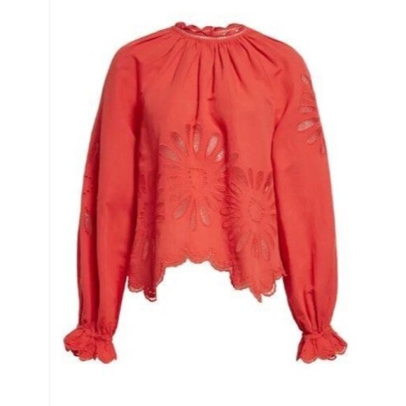 Ulla Johnson Porcelain Louisa Scalloped Eyelet Ruffled Poppy Red Blouse Sz 6 NWT - Picture 2 of 16